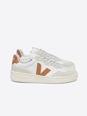 Veja V-90 Leather White Umber Sneakers in White and Cognac Accent